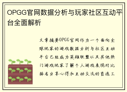 OPGG官网数据分析与玩家社区互动平台全面解析